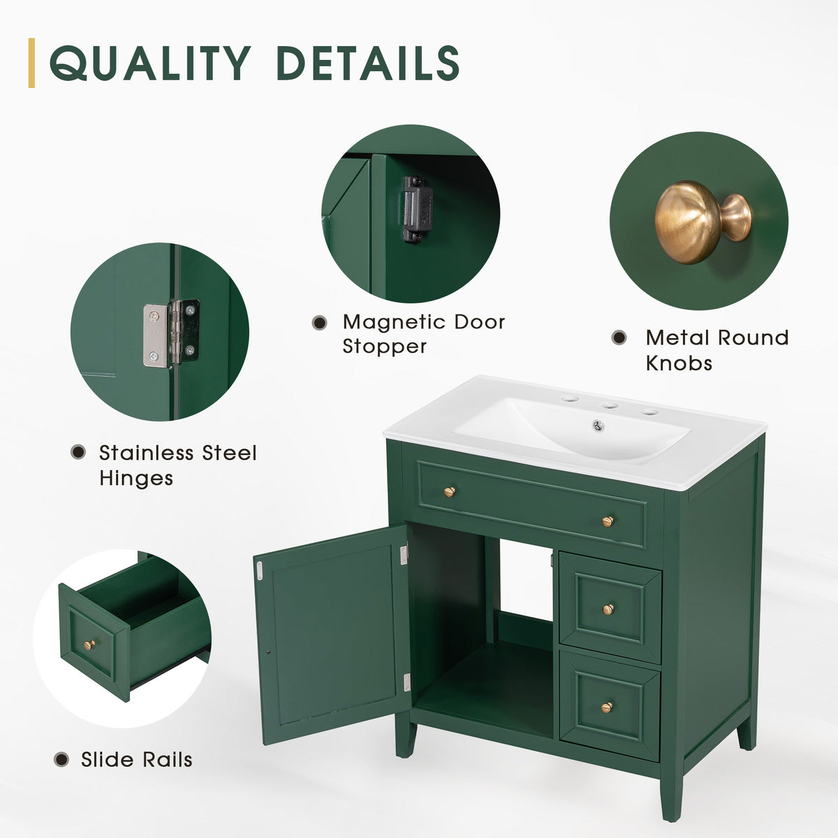 30" Bathroom Vanity with Sink Top, Bathroom Vanity Cabinet with Door and Two Drawers, Solid Wood Frame, One Package, Green - B&B Forest Products