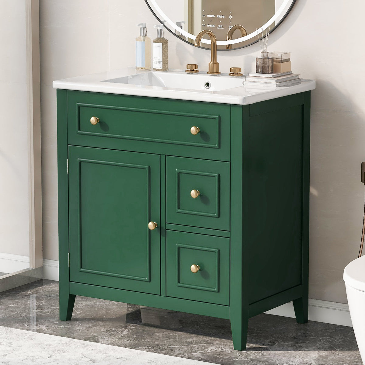 30" Bathroom Vanity with Sink Top, Bathroom Vanity Cabinet with Door and Two Drawers, Solid Wood Frame, One Package, Green - B&B Forest Products