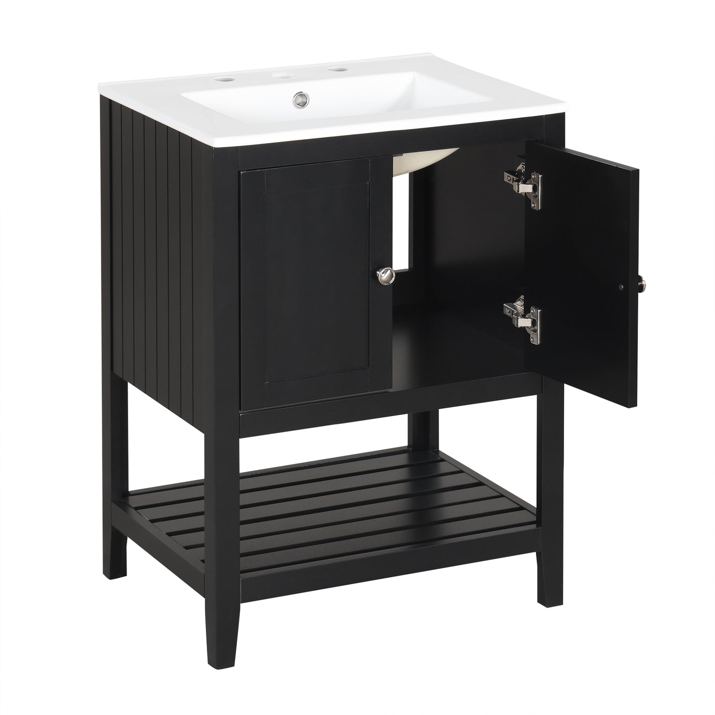 24" Black Modern Sleek Bathroom Vanity Elegant Ceramic Sink with Solid Wood Frame Open Style Shelf