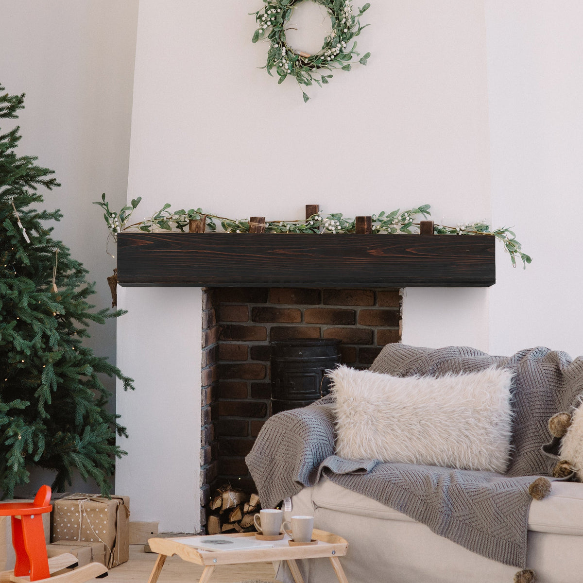 60" Rustic Wood Fireplace Mantel,Wall-Mounted & Floating Shelf for Home Decor Espresso + Solid Wood - B&B Forest Products