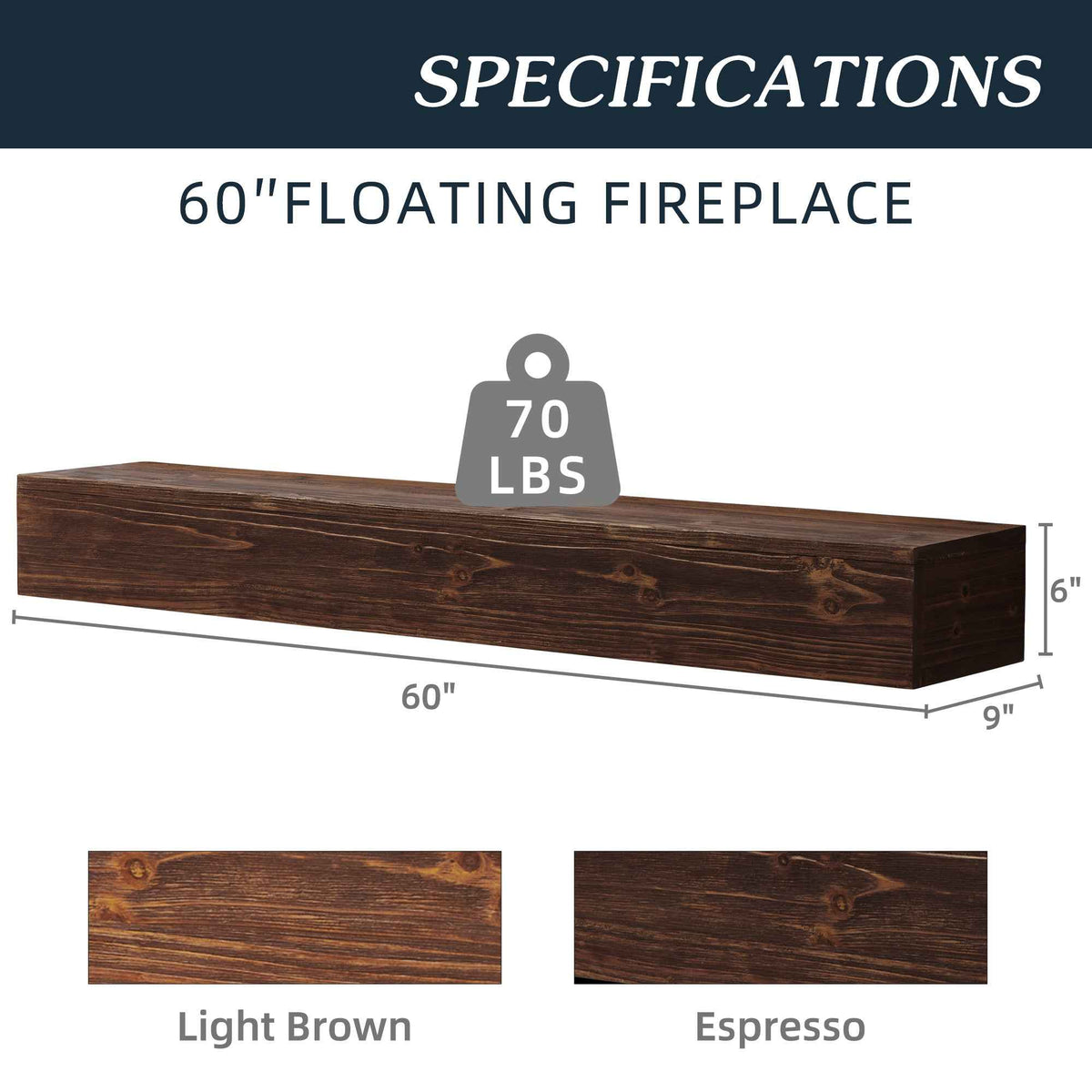 60" Rustic Wood Fireplace Mantel,Wall-Mounted & Floating Shelf for Home Decor Espresso + Solid Wood - B&B Forest Products