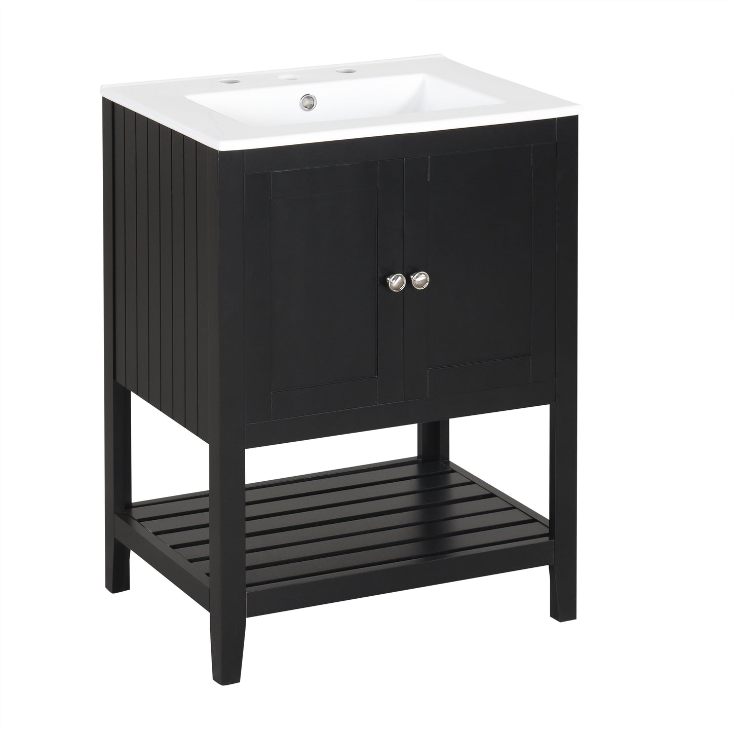 24" Black Modern Sleek Bathroom Vanity Elegant Ceramic Sink with Solid Wood Frame Open Style Shelf