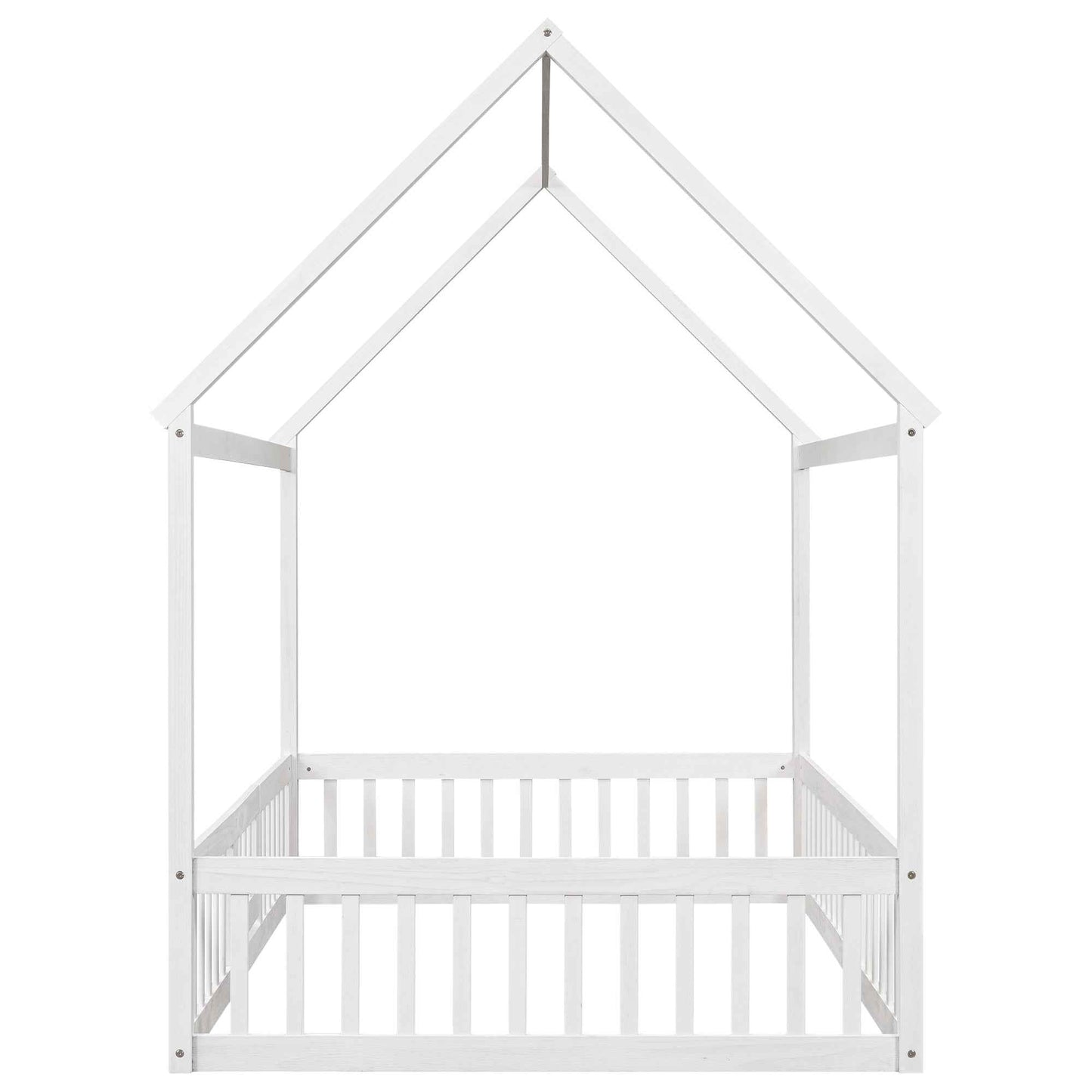 Full Size Wood House Bed with Fence and Door White Wash