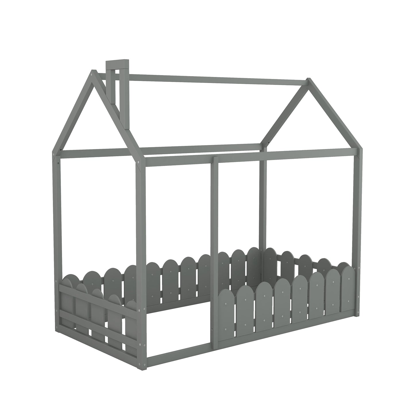{Slats are not included}Twin Size Wood Bed House Bed Frame with Fence for Kids Teens Girls Boys {Gray}