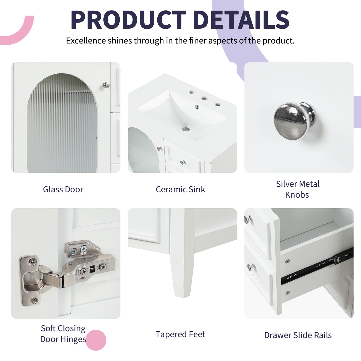 30" Bathroom Vanity with Sink, Bathroom Vanity Cabinet with Three Drawers and Door, Solid Wood and MDF, White