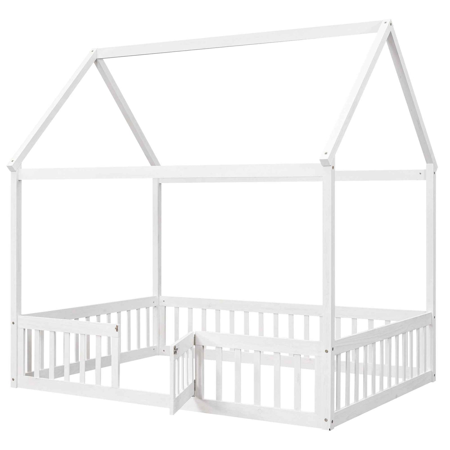 Full Size Wood House Bed with Fence and Door White Wash