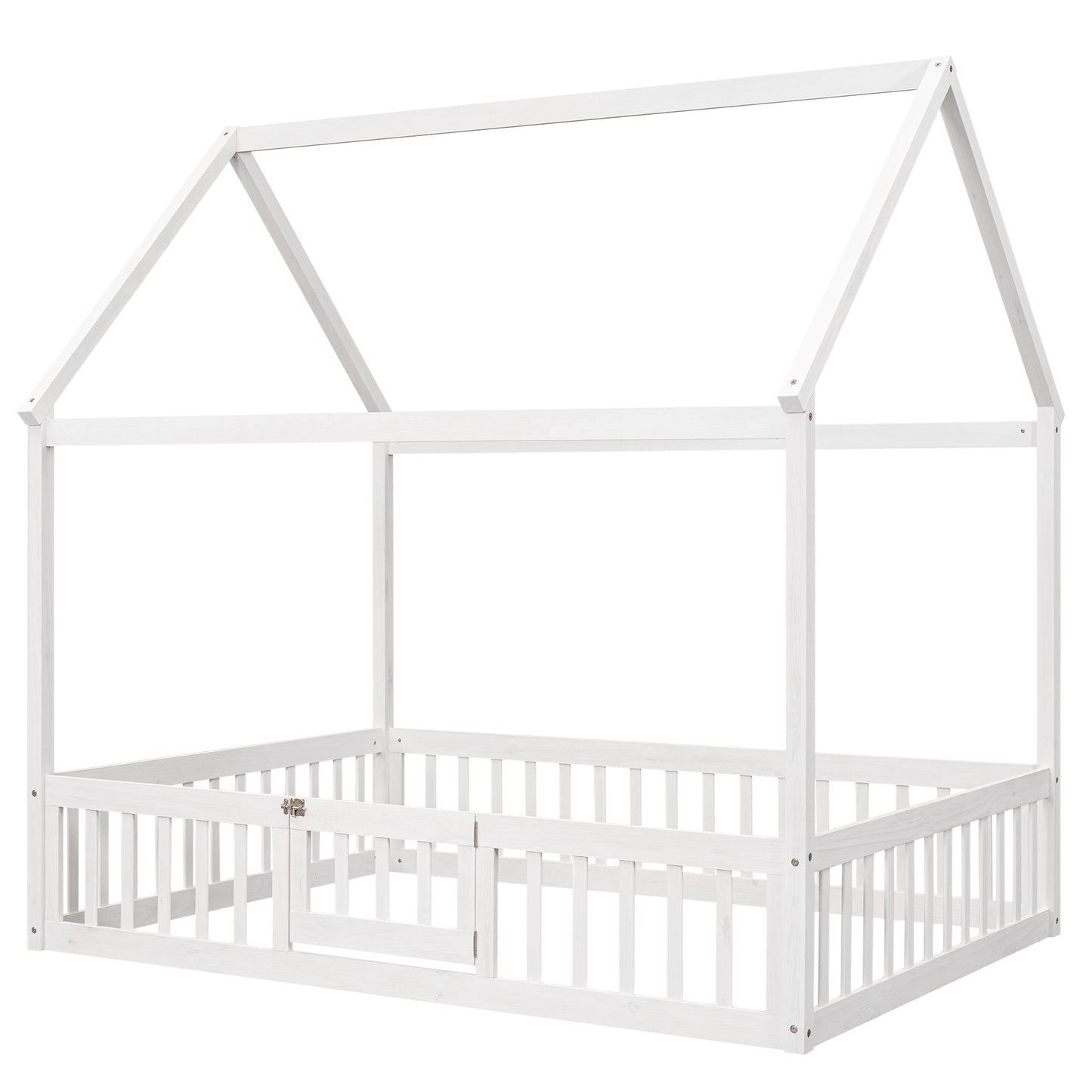 Full Size Wood House Bed with Fence and Door White Wash