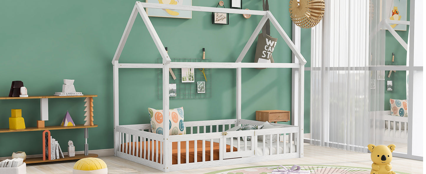Full Size Wood House Bed with Fence and Door White Wash