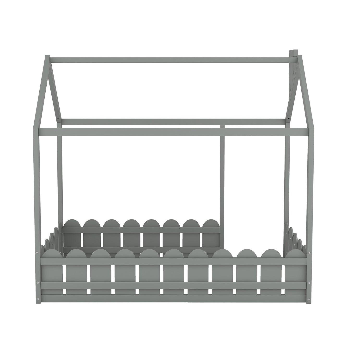 {Slats are not included}Twin Size Wood Bed House Bed Frame with Fence for Kids Teens Girls Boys {Gray}