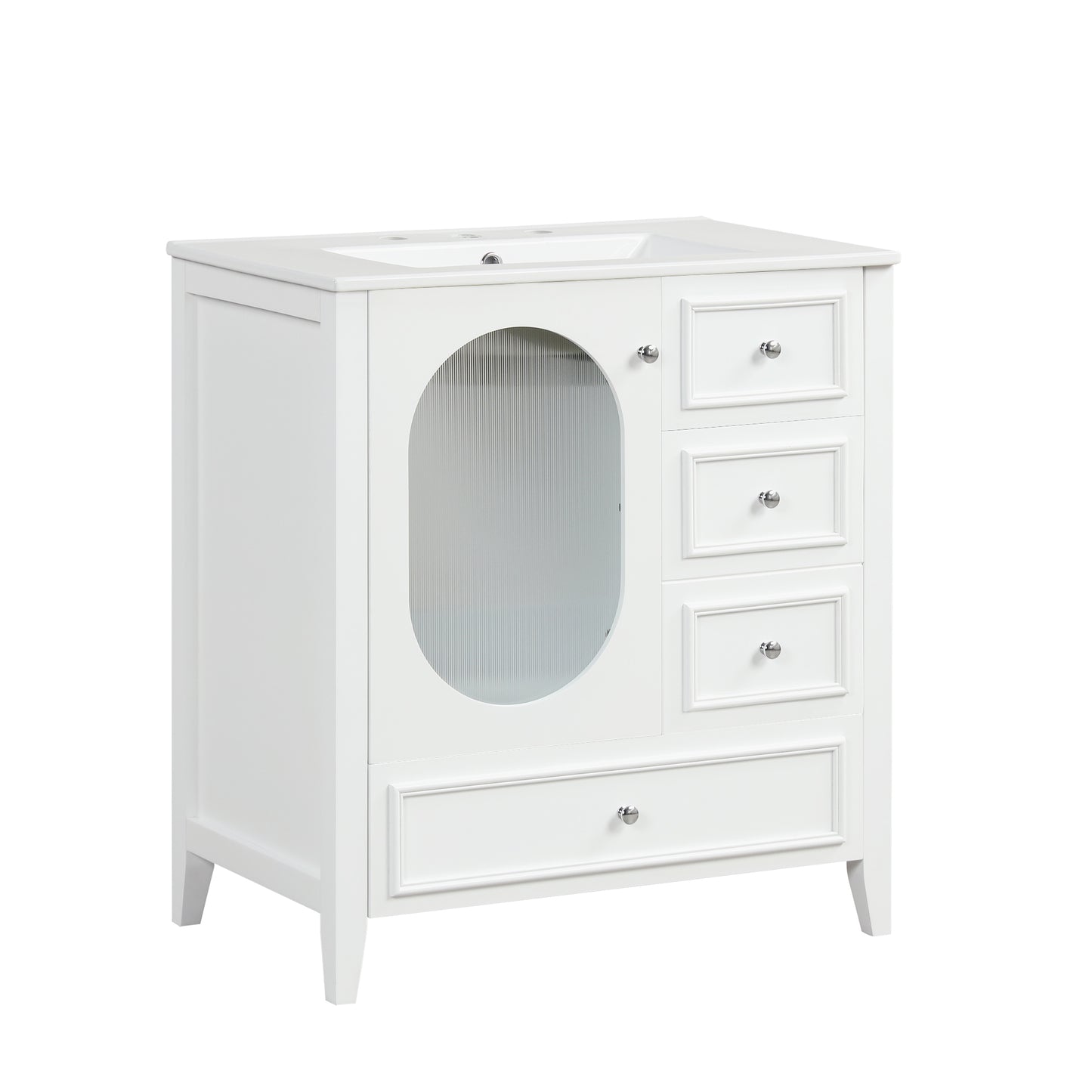 30" Bathroom Vanity with Sink, Bathroom Vanity Cabinet with Three Drawers and Door, Solid Wood and MDF, White