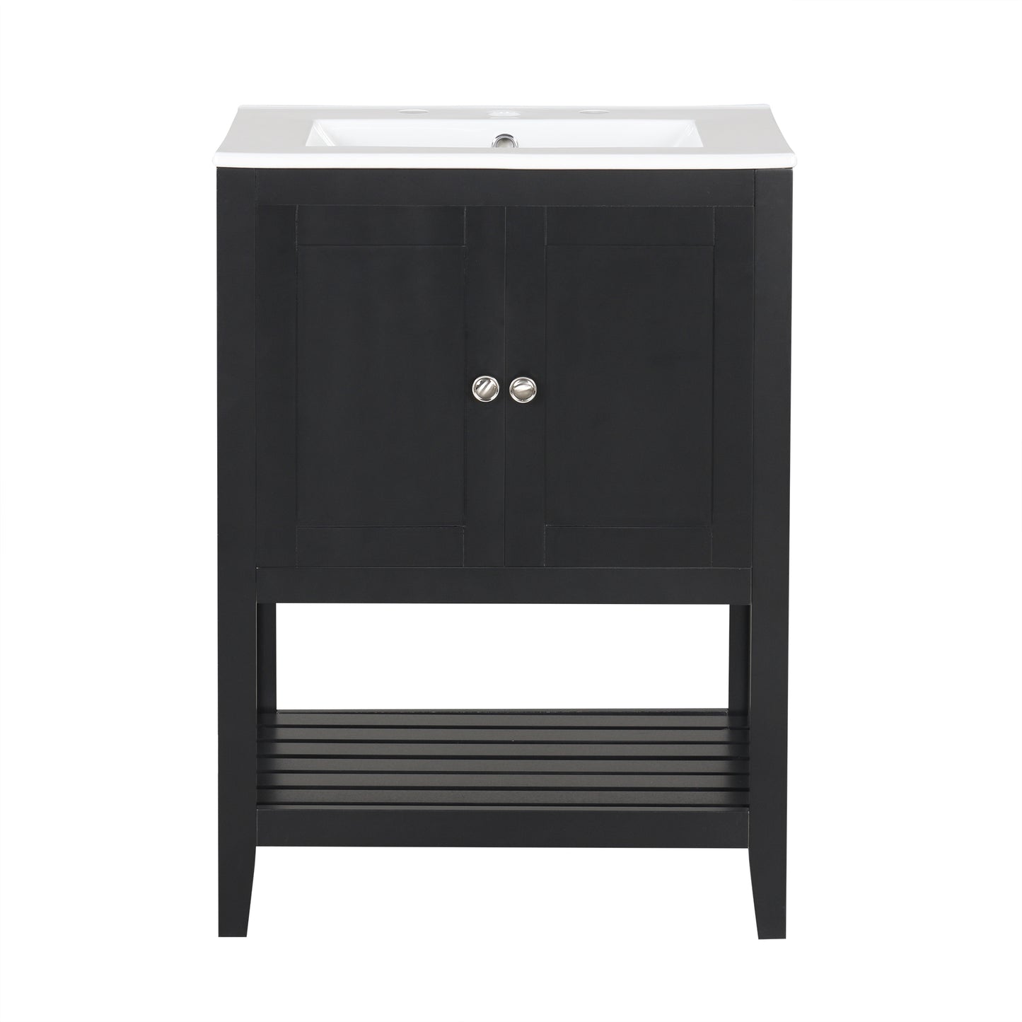 24" Black Modern Sleek Bathroom Vanity Elegant Ceramic Sink with Solid Wood Frame Open Style Shelf