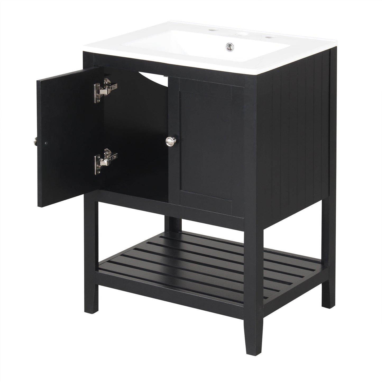 24" Black Modern Sleek Bathroom Vanity Elegant Ceramic Sink with Solid Wood Frame Open Style Shelf