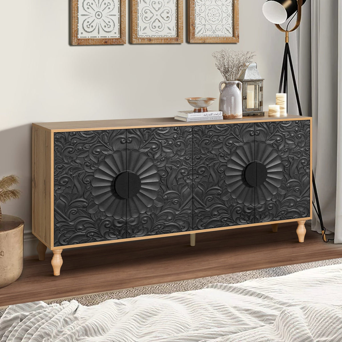 Black Carved Symmetrical Design Door And Wood Coloured Frame For TV Stand Table,Living Room ,Entryway - B&B Forest Products