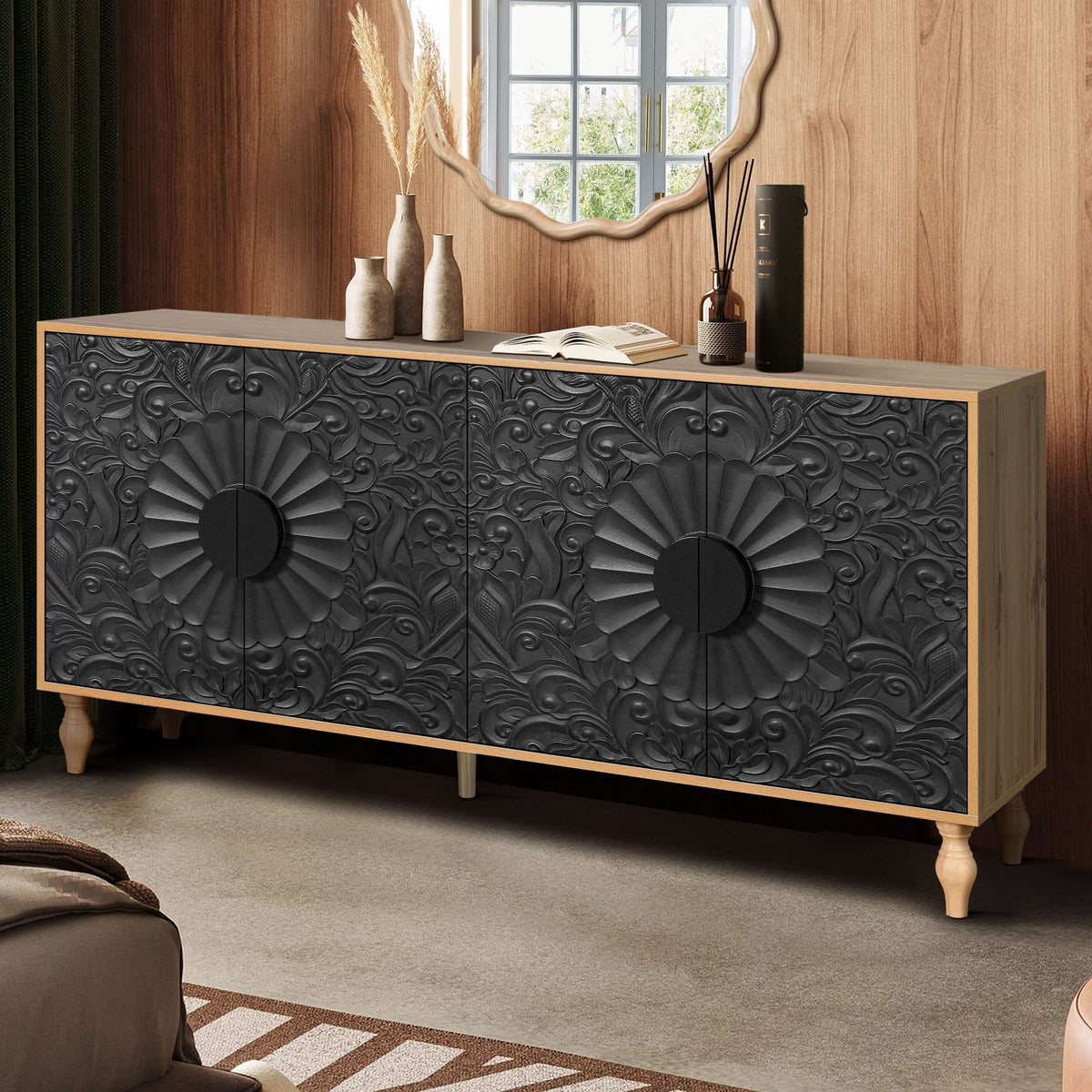 Black Carved Symmetrical Design Door And Wood Coloured Frame For TV Stand Table,Living Room ,Entryway - B&B Forest Products
