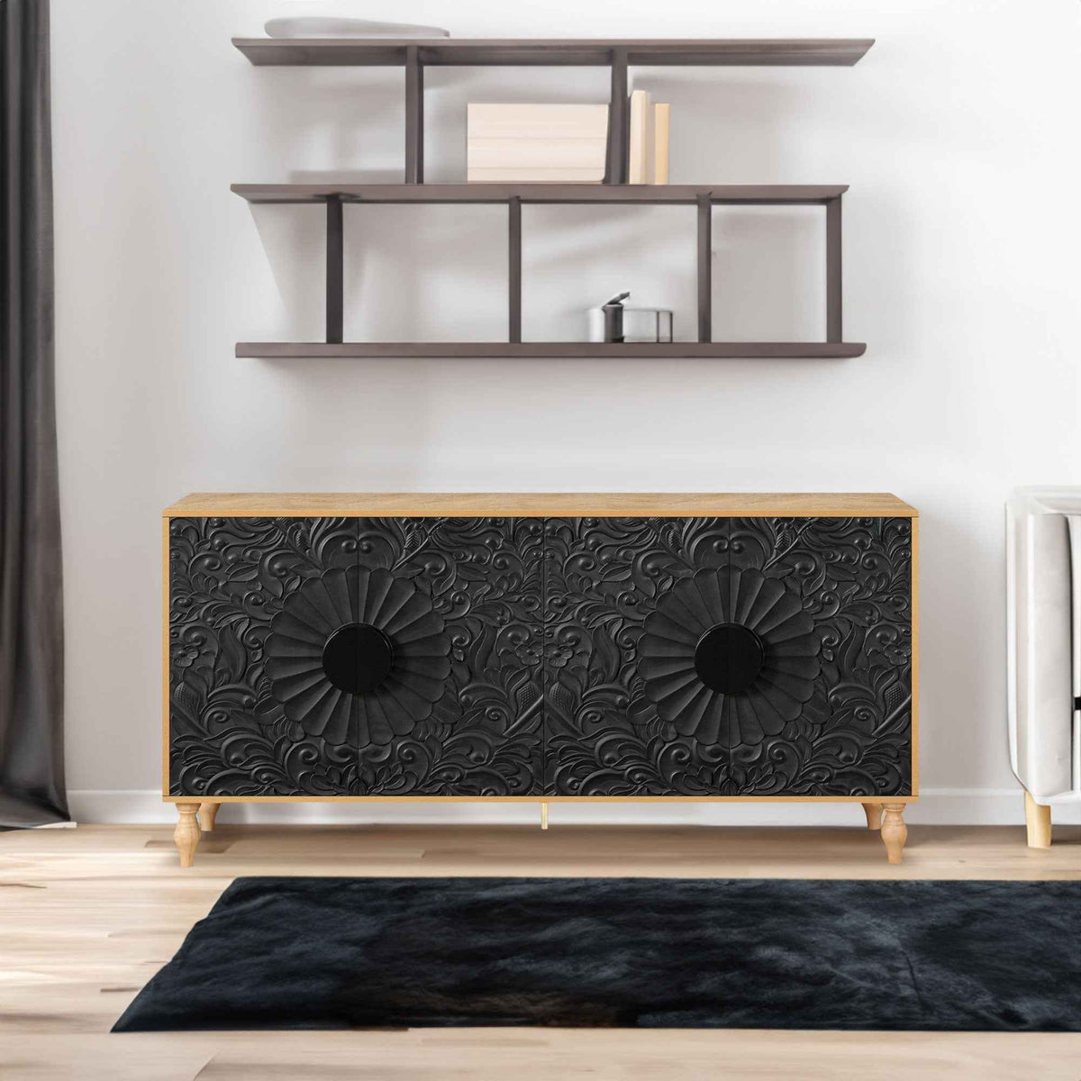 Black Carved Symmetrical Design Door And Wood Coloured Frame For TV Stand Table,Living Room ,Entryway - B&B Forest Products