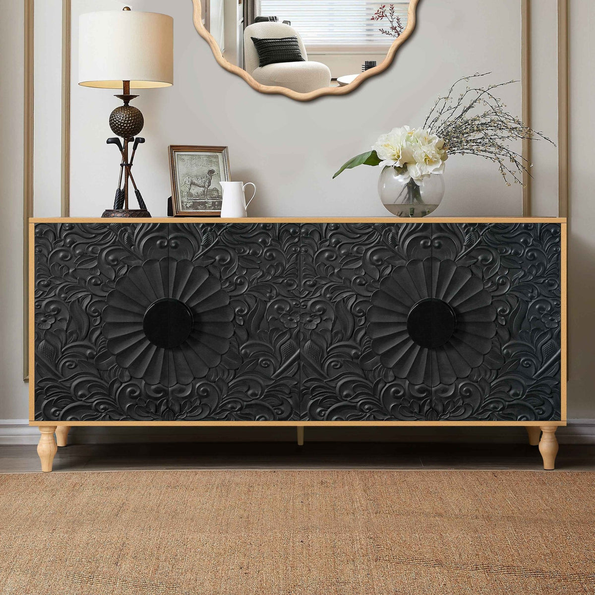 Black Carved Symmetrical Design Door And Wood Coloured Frame For TV Stand Table,Living Room ,Entryway - B&B Forest Products