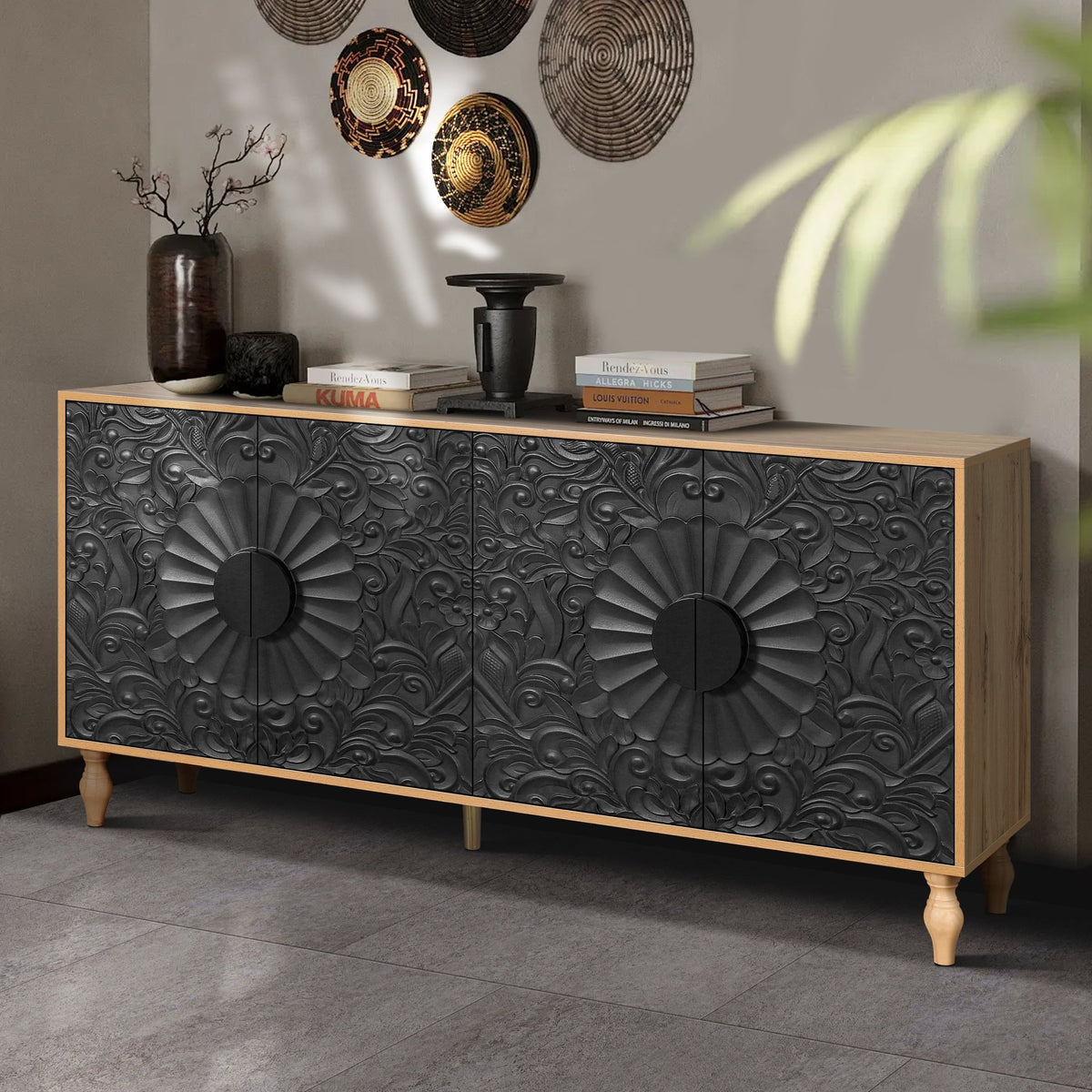 Black Carved Symmetrical Design Door And Wood Coloured Frame For TV Stand Table,Living Room ,Entryway - B&B Forest Products