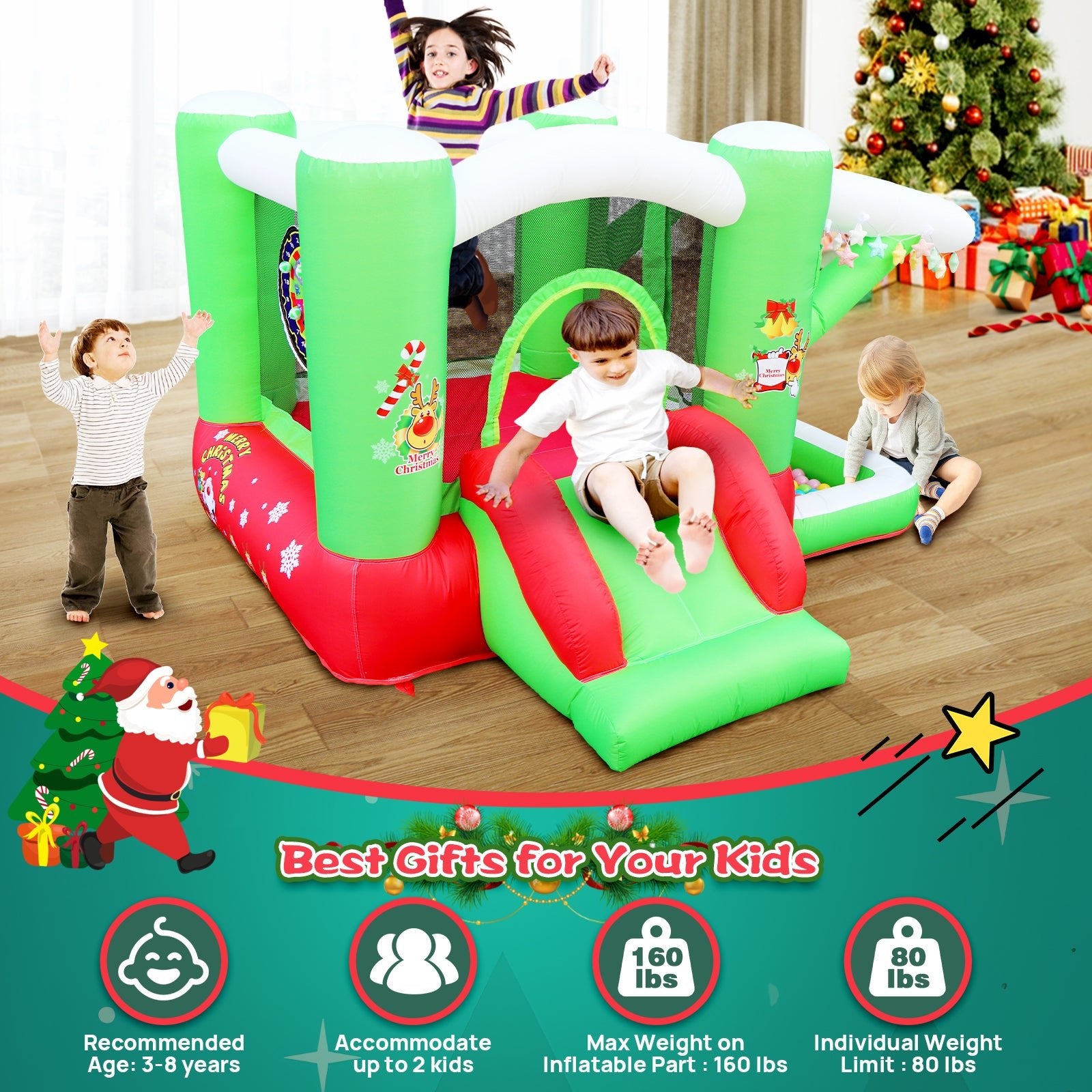 Christmas Jump 'n Slide Inflatable Bouncer for Kids Complete Setup with Blower - 80" x 91" Play Area - 55" Tall - B&B Forest Products