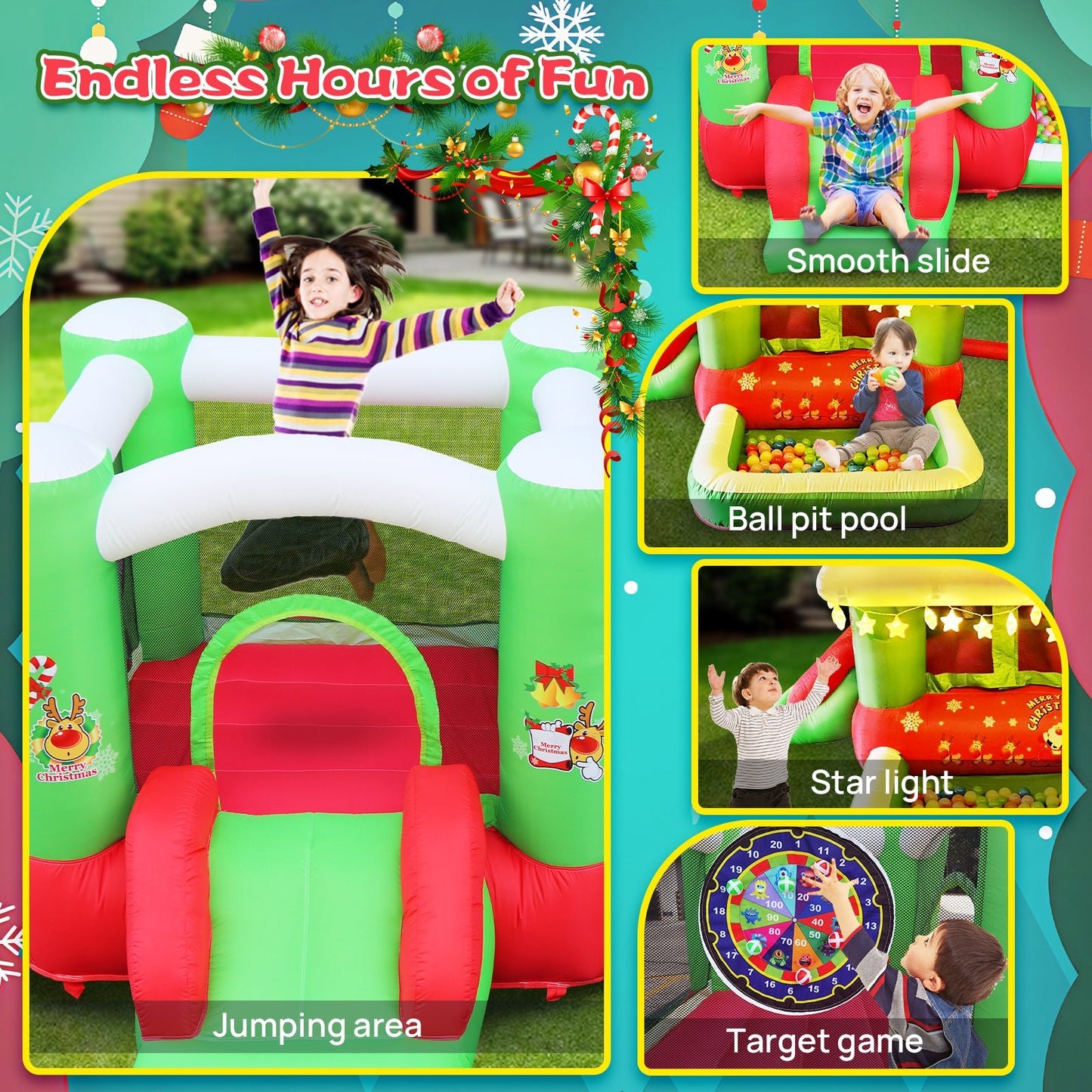 Christmas Jump 'n Slide Inflatable Bouncer for Kids Complete Setup with Blower - 80" x 91" Play Area - 55" Tall - B&B Forest Products