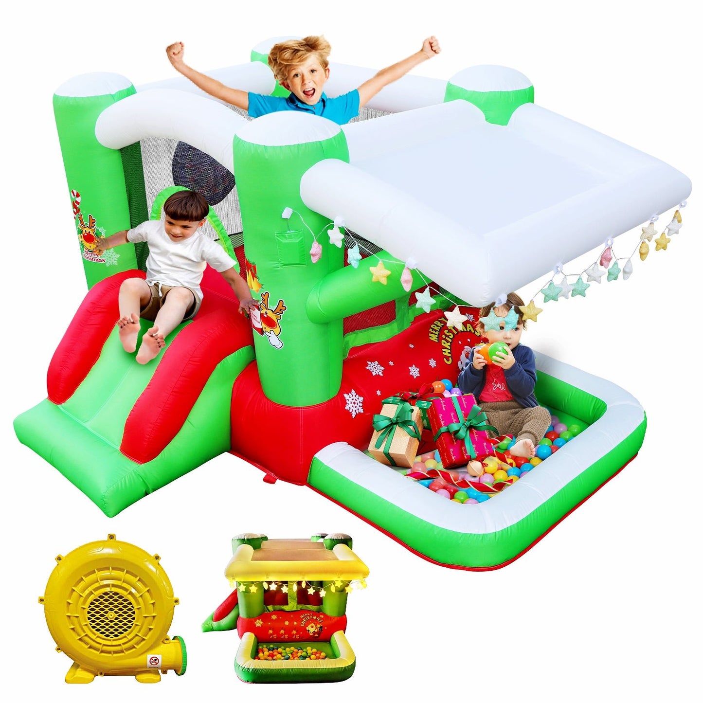 Christmas Jump 'n Slide Inflatable Bouncer for Kids Complete Setup with Blower - 80" x 91" Play Area - 55" Tall - B&B Forest Products