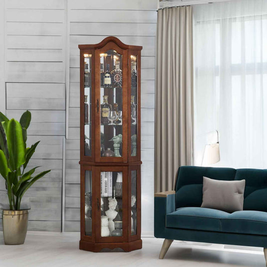 Corner Curio cabinet, adjustable tempered glass frame, rearview mirror, display cabinet, walnut wood (excluding E26 bulbs) - B&B Forest Products