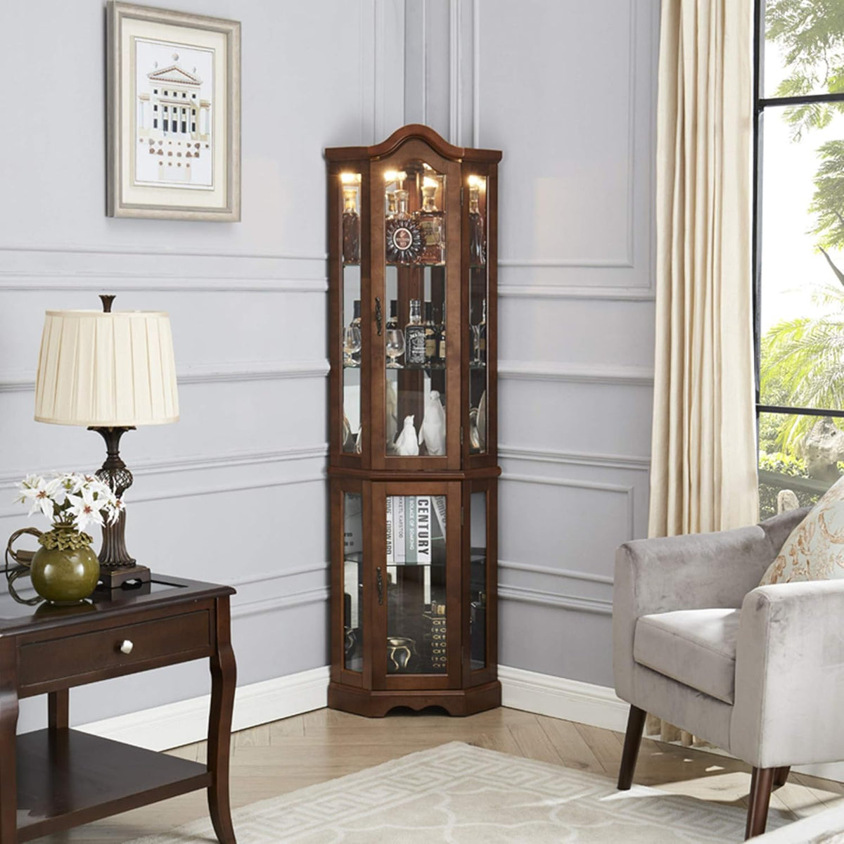 Corner Curio cabinet, adjustable tempered glass frame, rearview mirror, display cabinet, walnut wood (excluding E26 bulbs) - B&B Forest Products