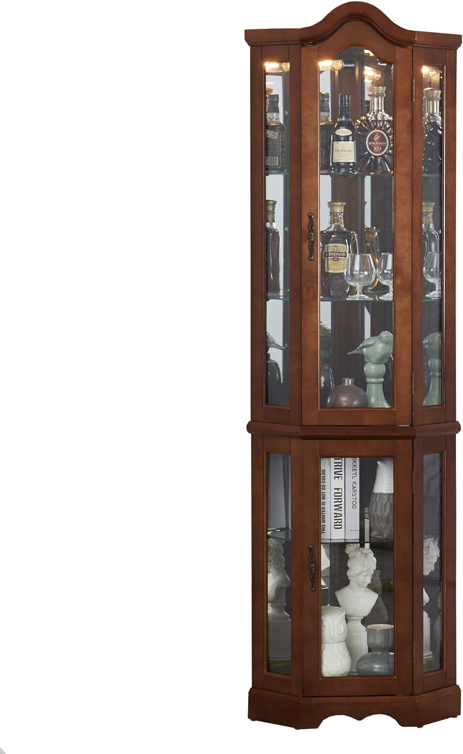 Corner Curio cabinet, adjustable tempered glass frame, rearview mirror, display cabinet, walnut wood (excluding E26 bulbs) - B&B Forest Products