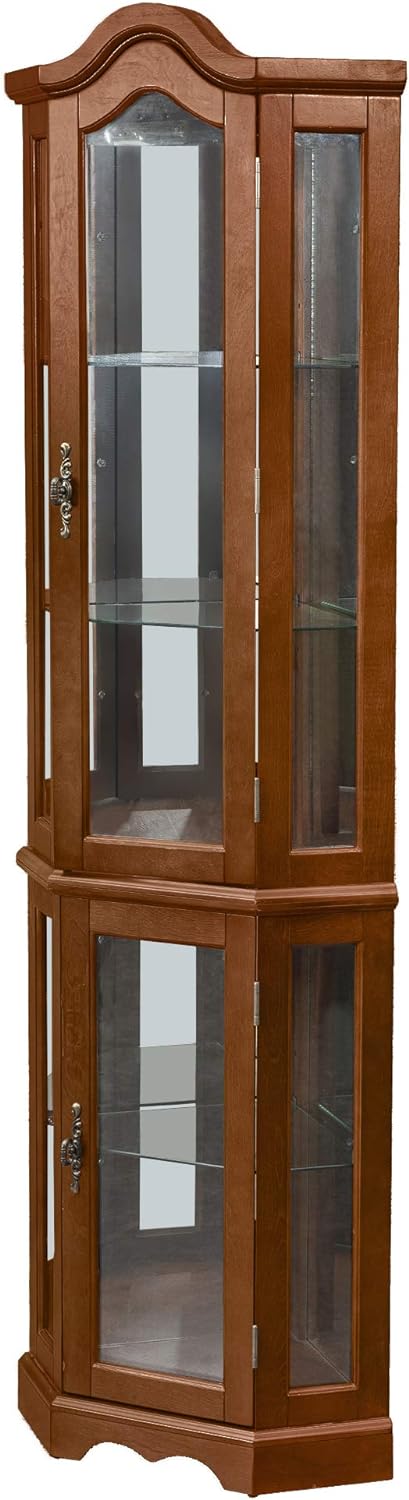 Corner Curio cabinet, adjustable tempered glass frame, rearview mirror, display cabinet, walnut wood (excluding E26 bulbs) - B&B Forest Products