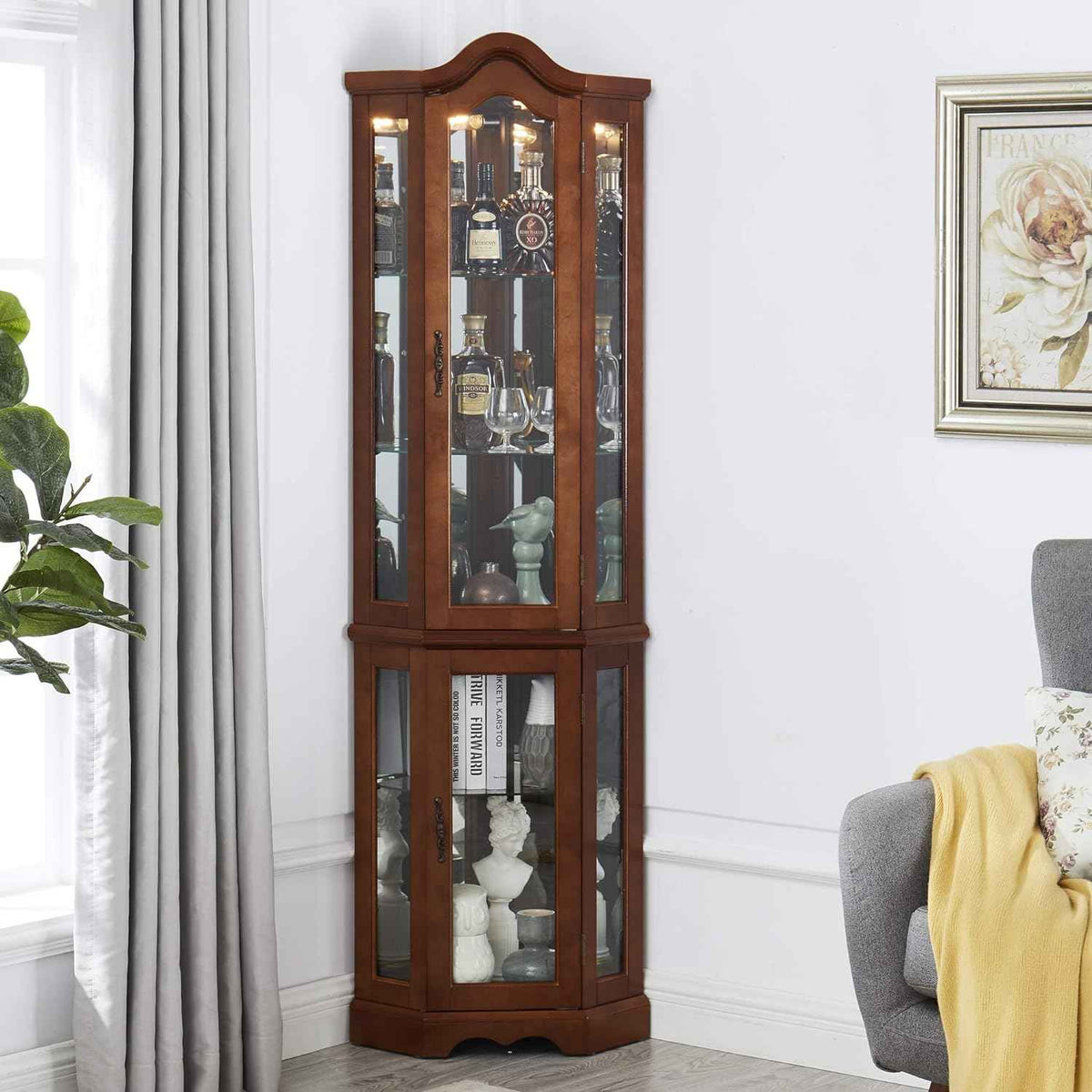 Corner Curio cabinet, adjustable tempered glass frame, rearview mirror, display cabinet, walnut wood (excluding E26 bulbs) - B&B Forest Products