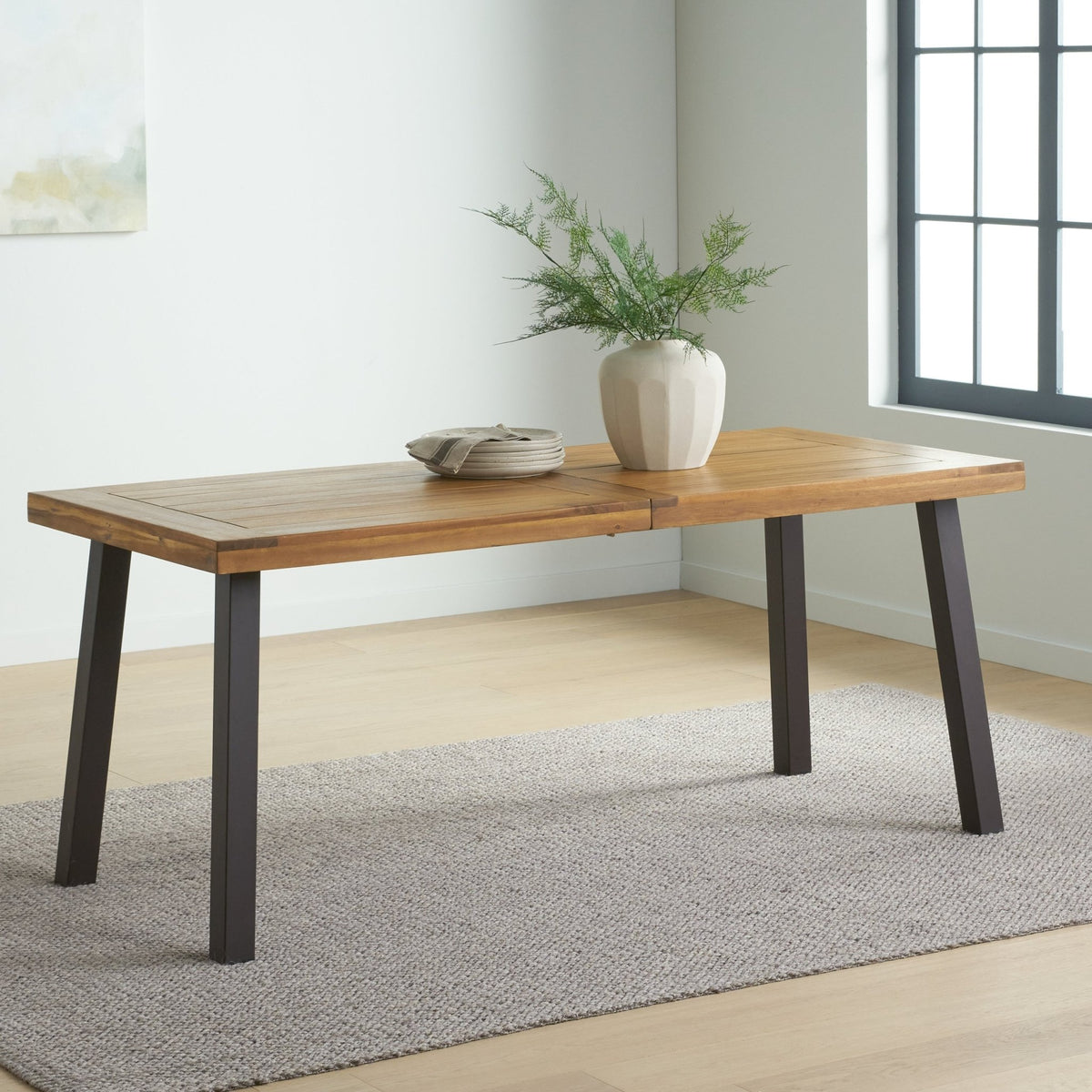 Della Acacia Wood Dining Table, Natural Stained with Rustic Metal, Brown, Grey - B&B Forest Products