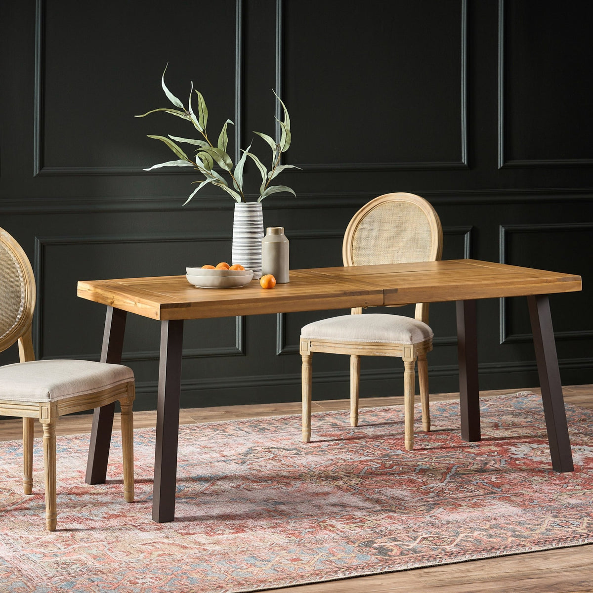 Della Acacia Wood Dining Table, Natural Stained with Rustic Metal, Brown, Grey - B&B Forest Products