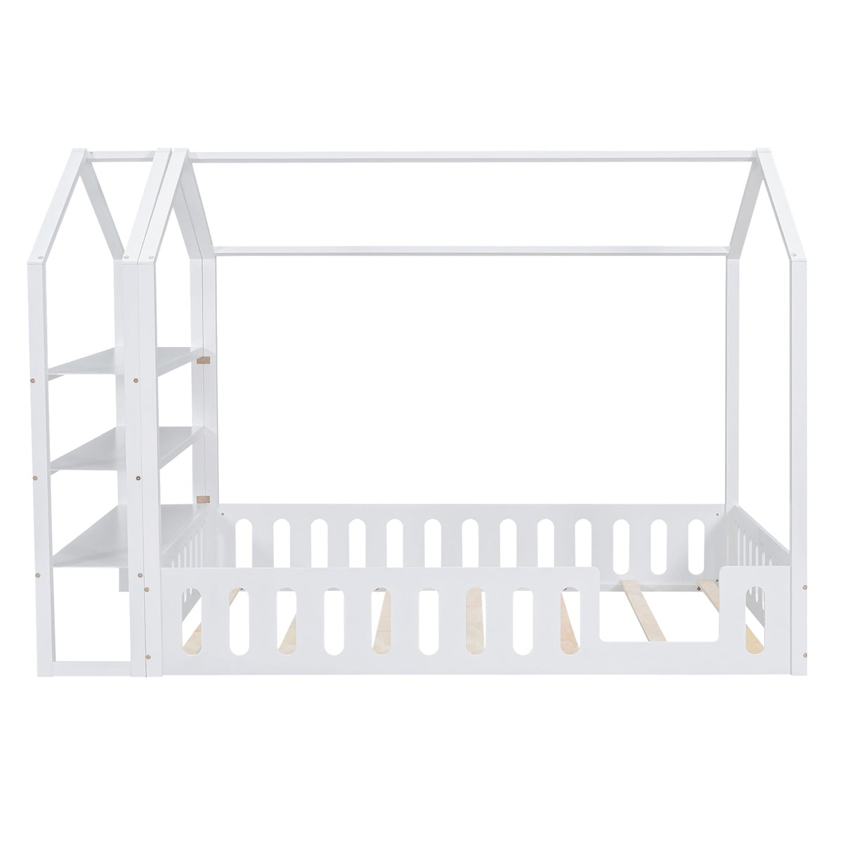 Full Size Wood House Bed with Fence and Detachable Storage Shelves, White - B&B Forest Products
