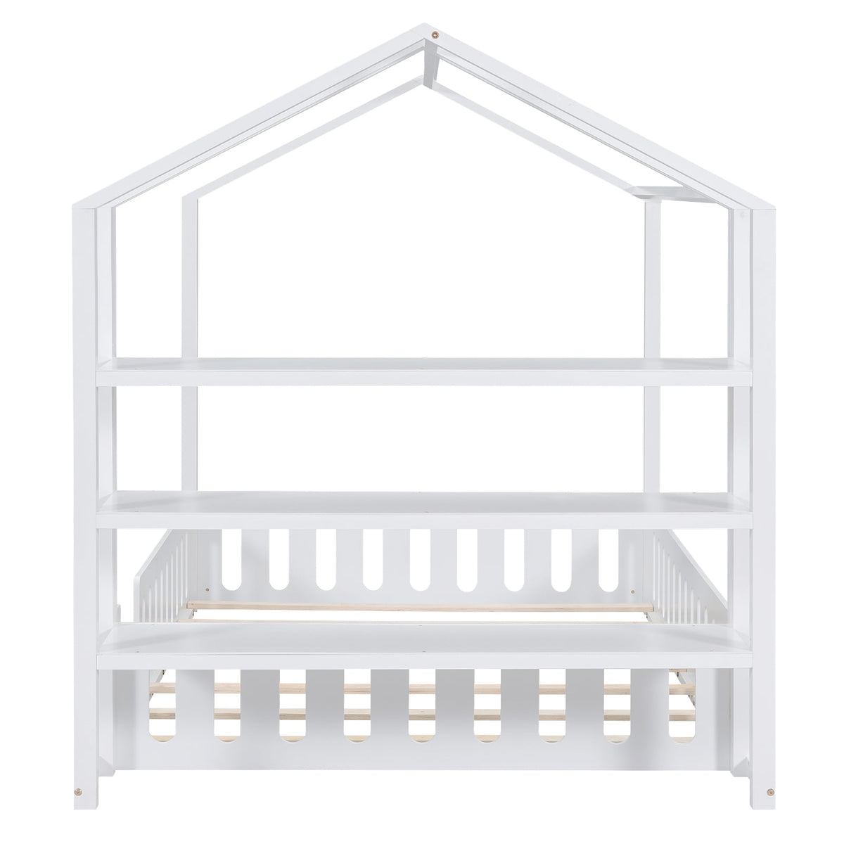 Full Size Wood House Bed with Fence and Detachable Storage Shelves, White - B&B Forest Products