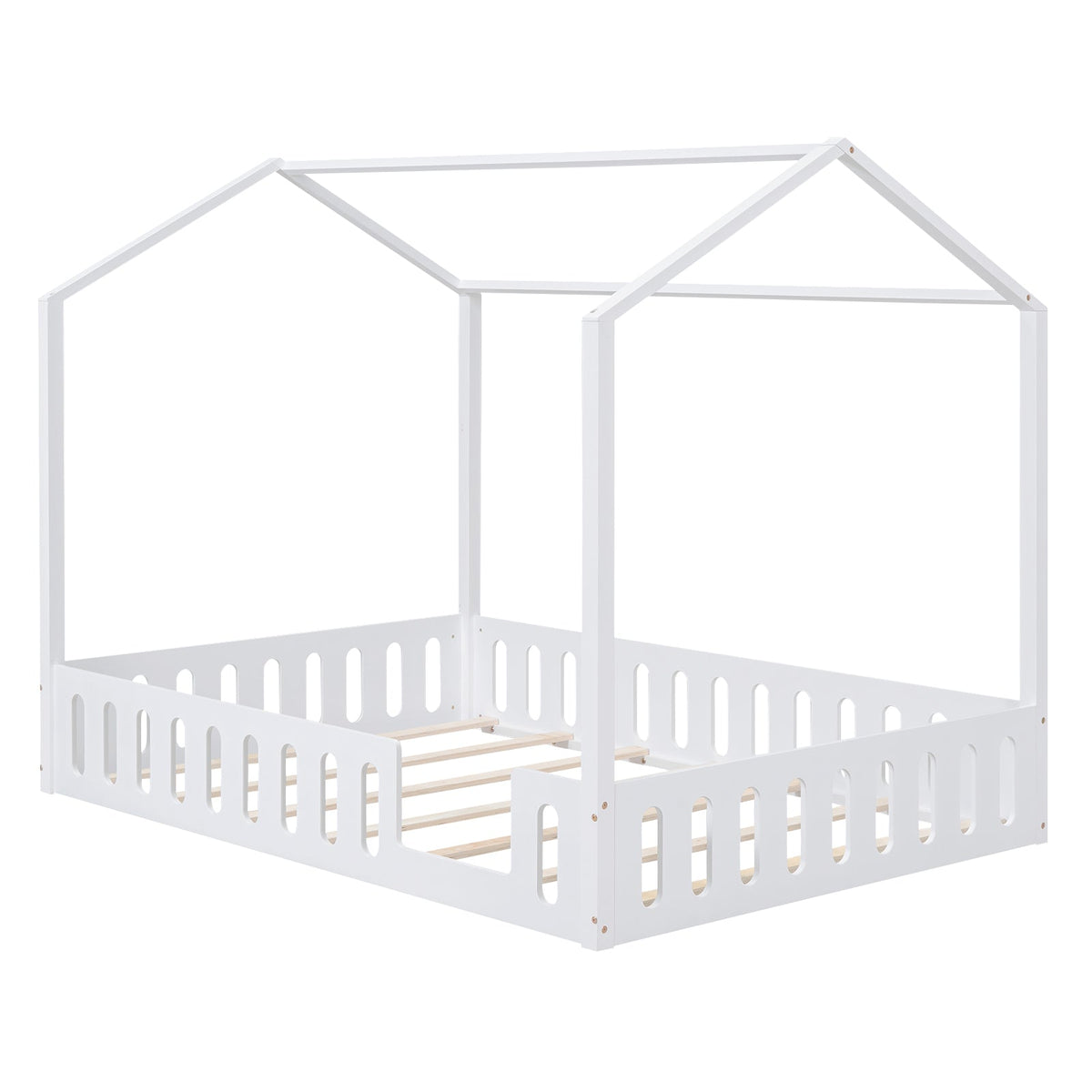 Full Size Wood House Bed with Fence and Detachable Storage Shelves, White - B&B Forest Products