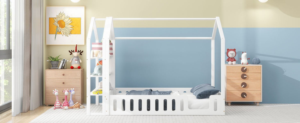 Full Size Wood House Bed with Fence and Detachable Storage Shelves, White - B&B Forest Products