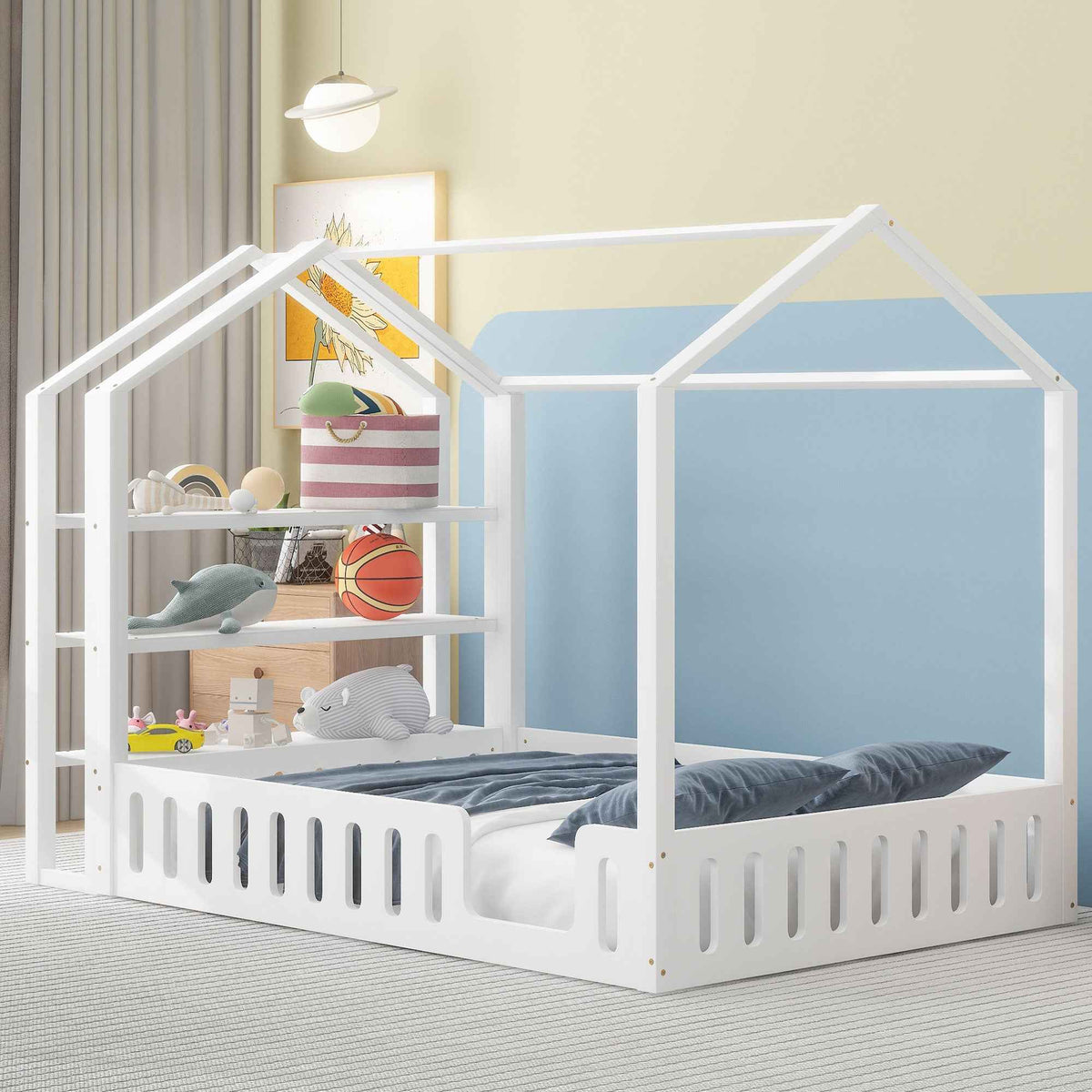 Full Size Wood House Bed with Fence and Detachable Storage Shelves, White - B&B Forest Products