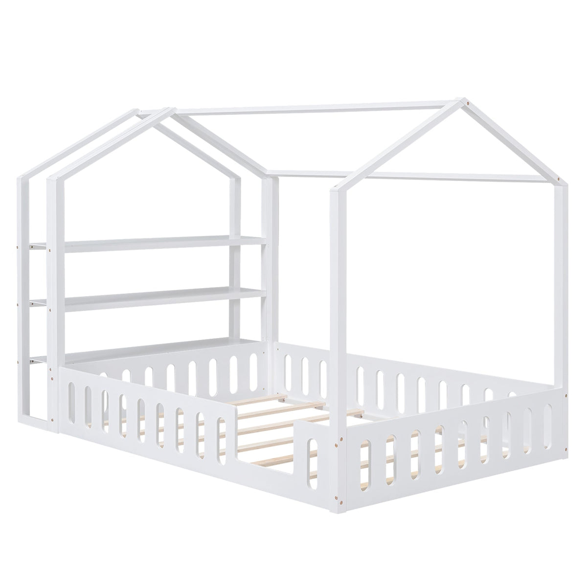 Full Size Wood House Bed with Fence and Detachable Storage Shelves, White - B&B Forest Products