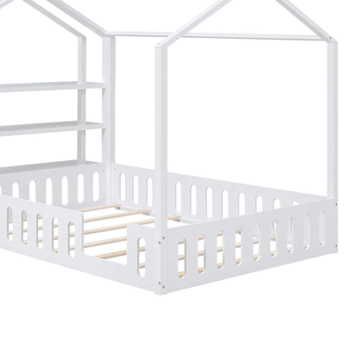 Full Size Wood House Bed with Fence and Detachable Storage Shelves, White - B&B Forest Products