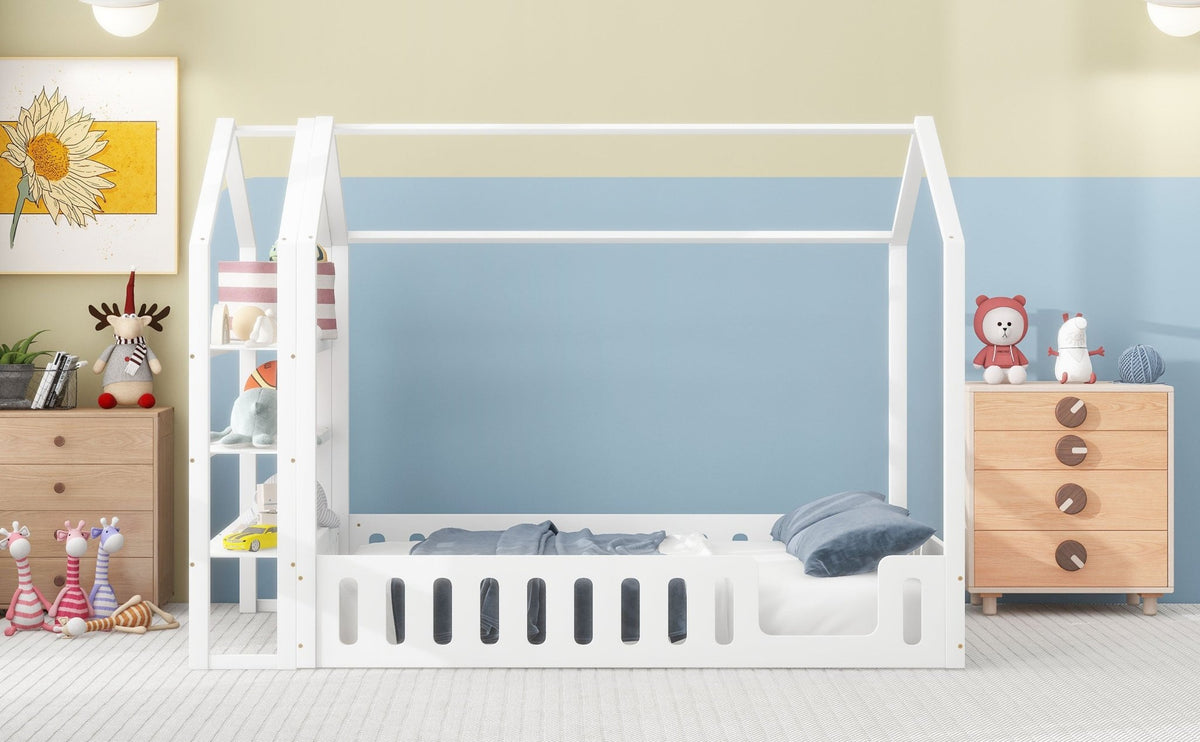 Full Size Wood House Bed with Fence and Detachable Storage Shelves, White - B&B Forest Products
