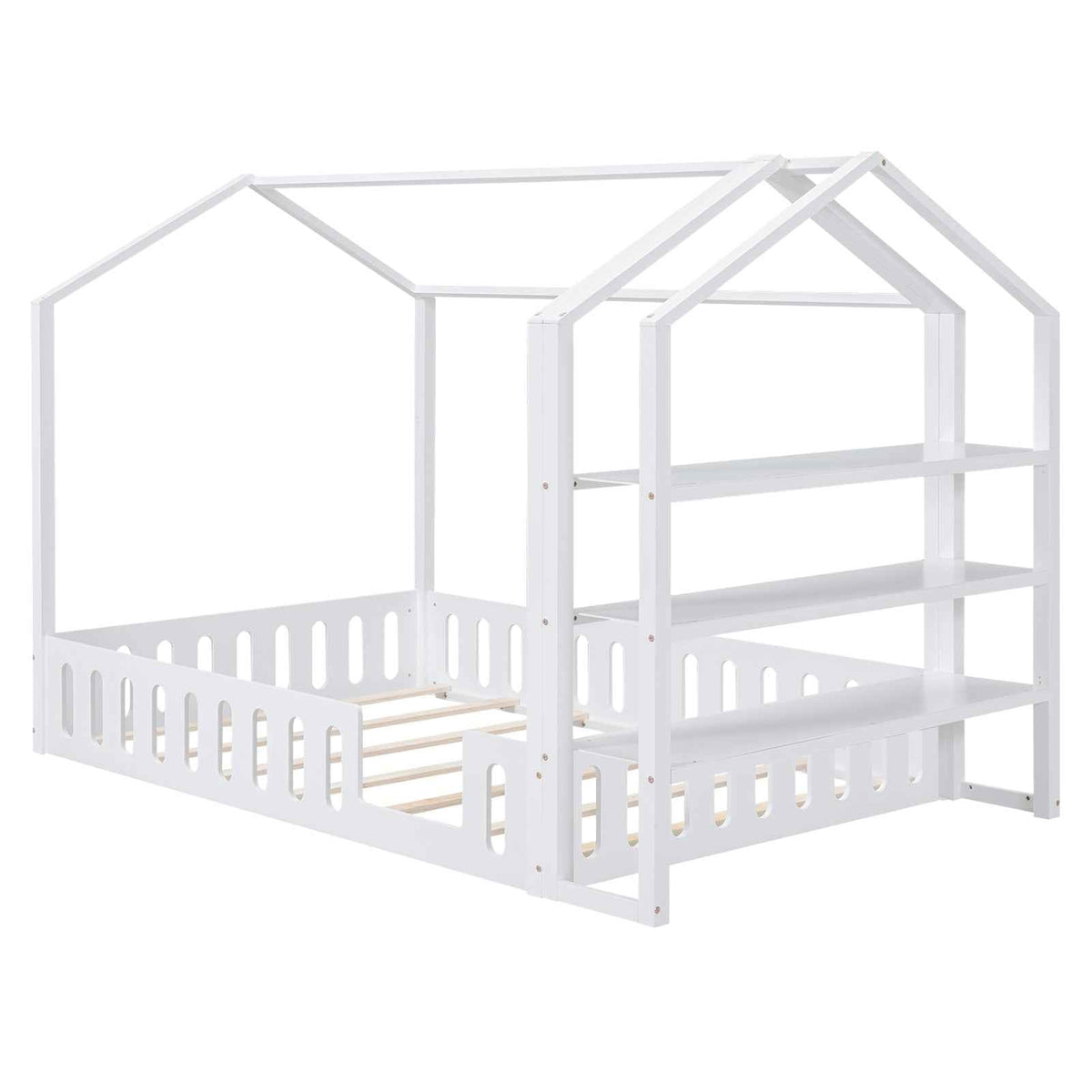 Full Size Wood House Bed with Fence and Detachable Storage Shelves, White - B&B Forest Products