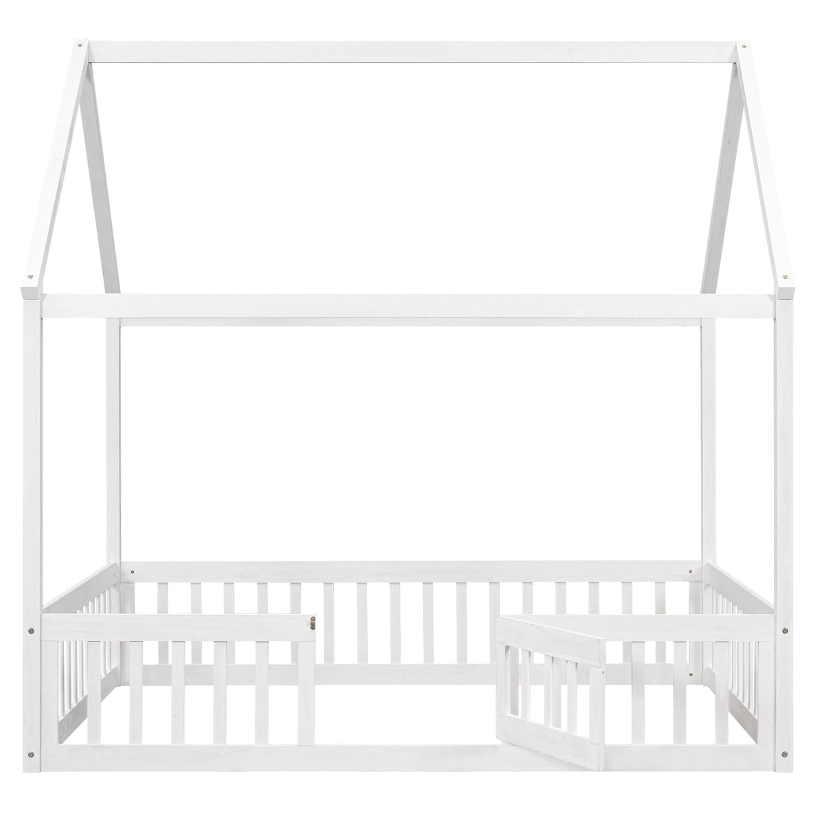 Full Size Wood House Bed with Fence and Door White Wash - B&B Forest Products