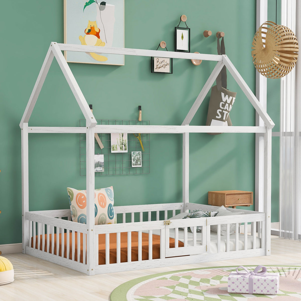 Full Size Wood House Bed with Fence and Door White Wash - B&B Forest Products