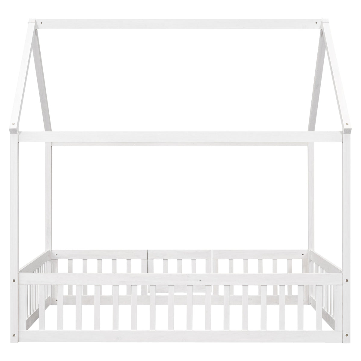 Full Size Wood House Bed with Fence and Door White Wash - B&B Forest Products