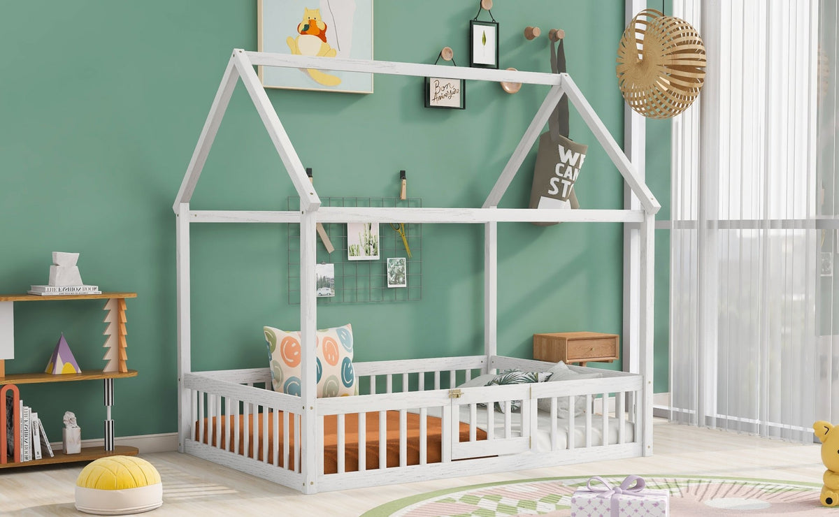 Full Size Wood House Bed with Fence and Door White Wash - B&B Forest Products