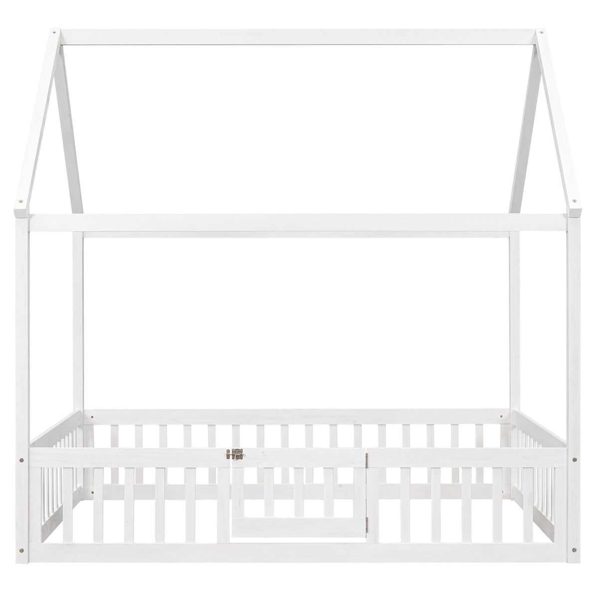 Full Size Wood House Bed with Fence and Door White Wash - B&B Forest Products