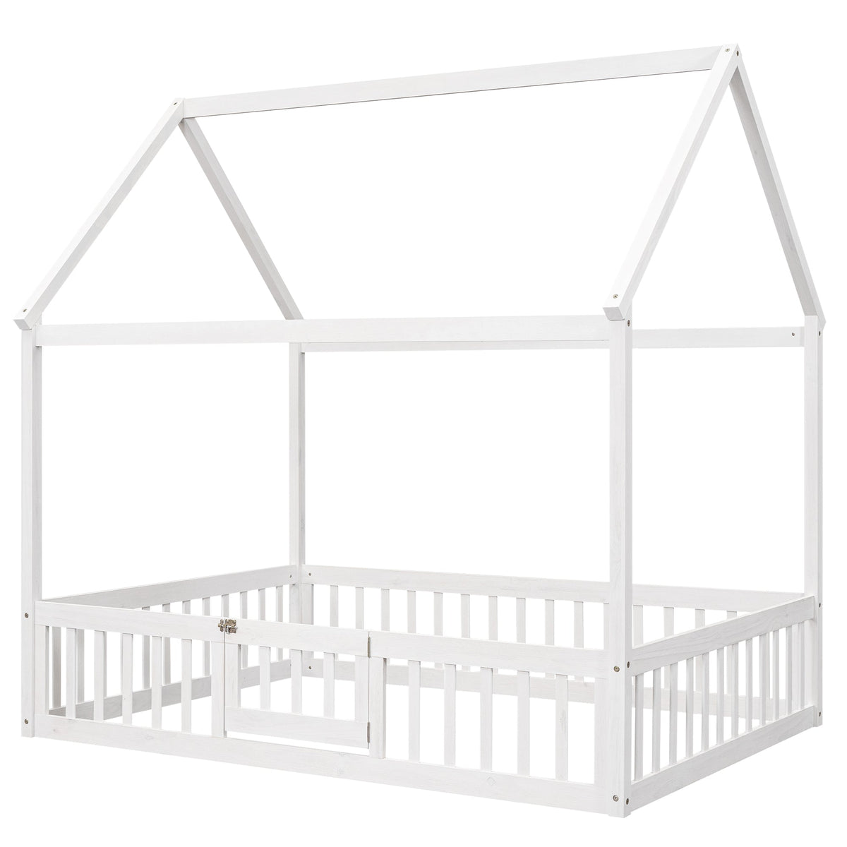 Full Size Wood House Bed with Fence and Door White Wash - B&B Forest Products