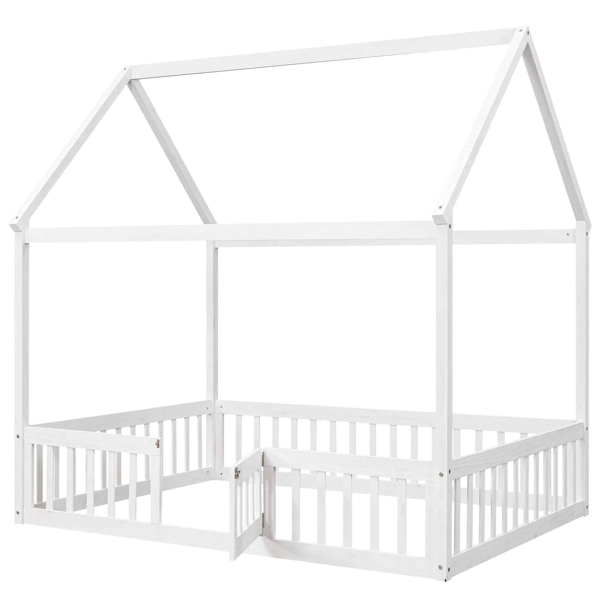 Full Size Wood House Bed with Fence and Door White Wash - B&B Forest Products