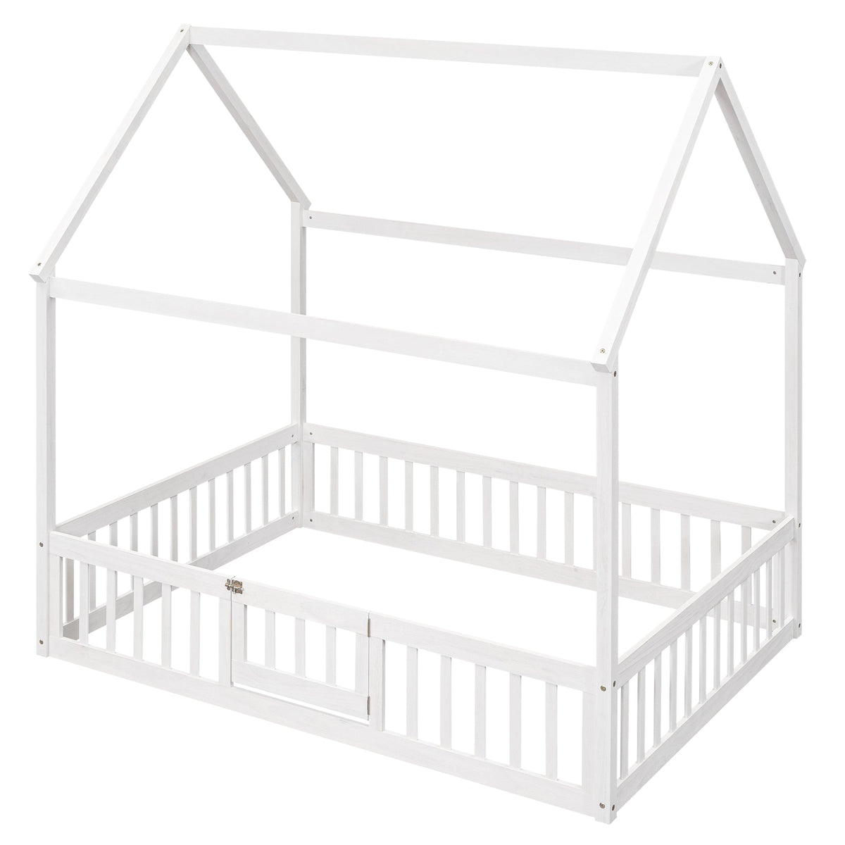 Full Size Wood House Bed with Fence and Door White Wash - B&B Forest Products