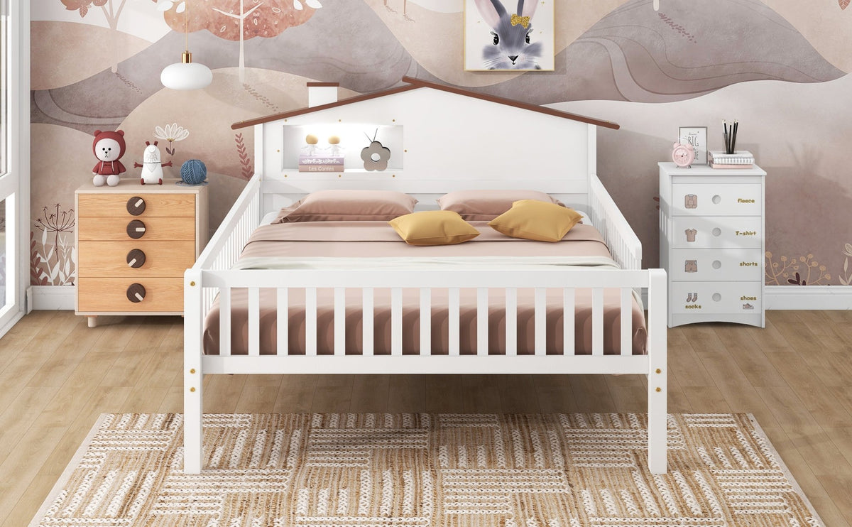 Full Size Wood Platform Bed with House-shaped Headboard, LED and Built-in Storage, White - B&B Forest Products