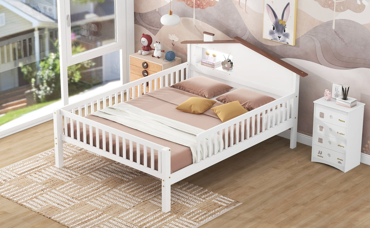 Full Size Wood Platform Bed with House-shaped Headboard, LED and Built-in Storage, White - B&B Forest Products